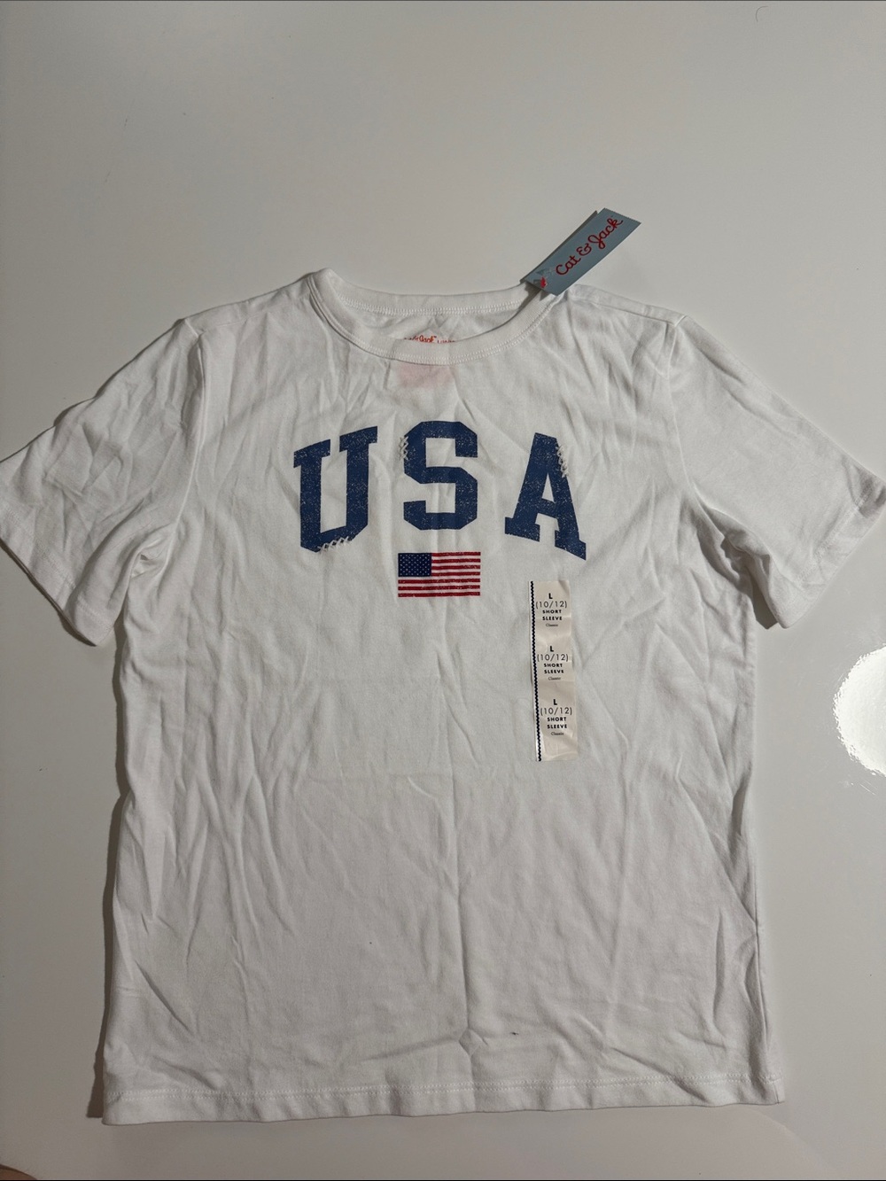 Cat & Jack White Short Sleeve Tee with Blue USA and Red Flag Graphic Sz L 10/12
